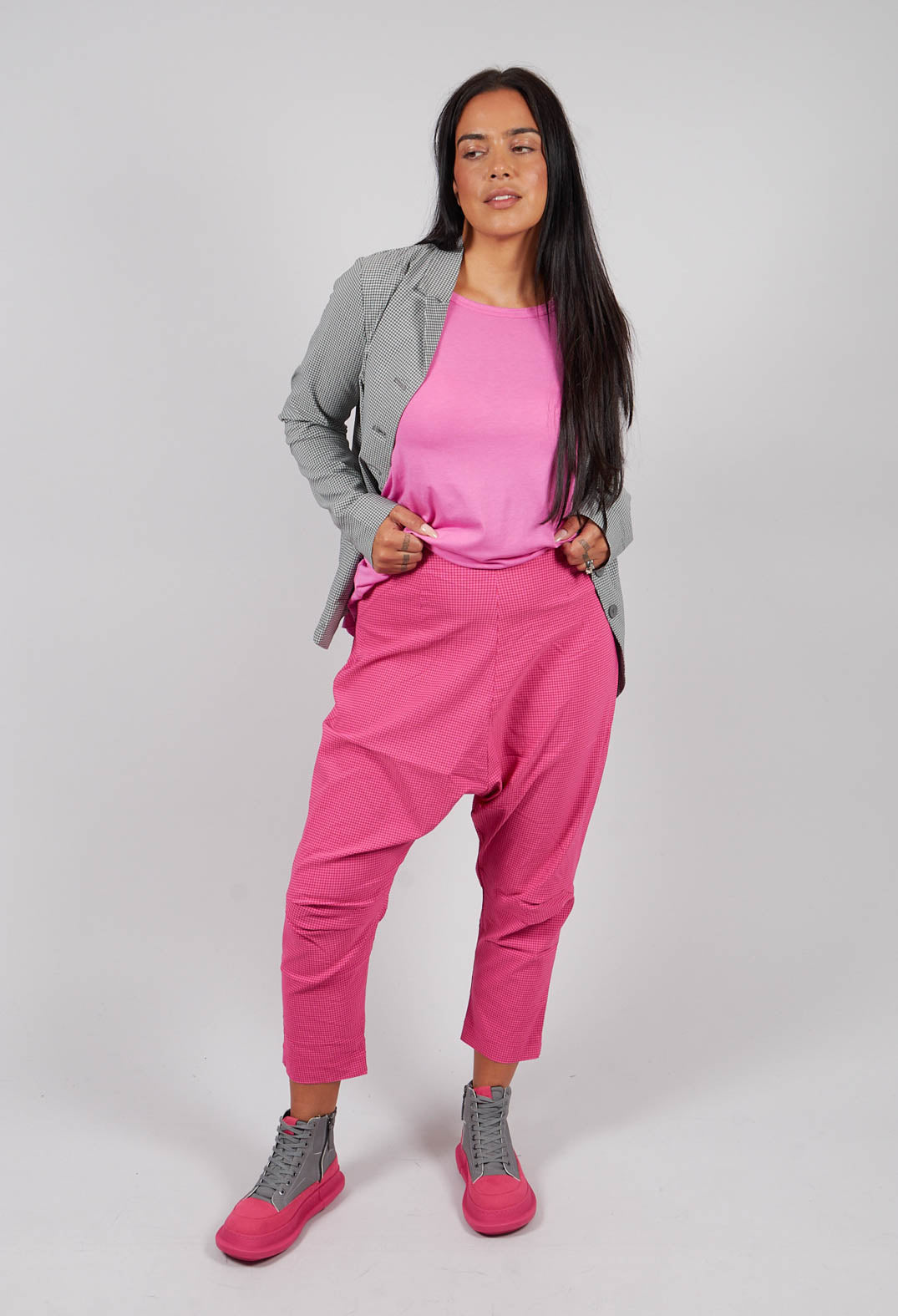Pull On Drop Crotch Trousers in Lotus Check - 3440131