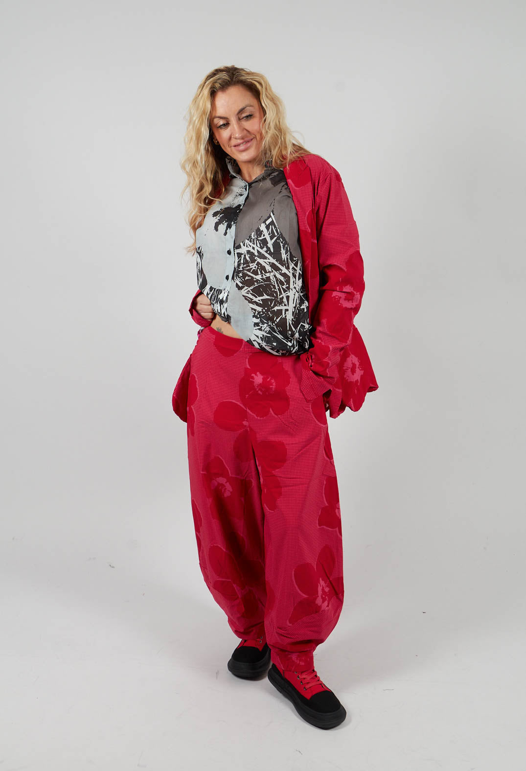 Pull On Tulip Leg Trousers in Rose Print - 3440116