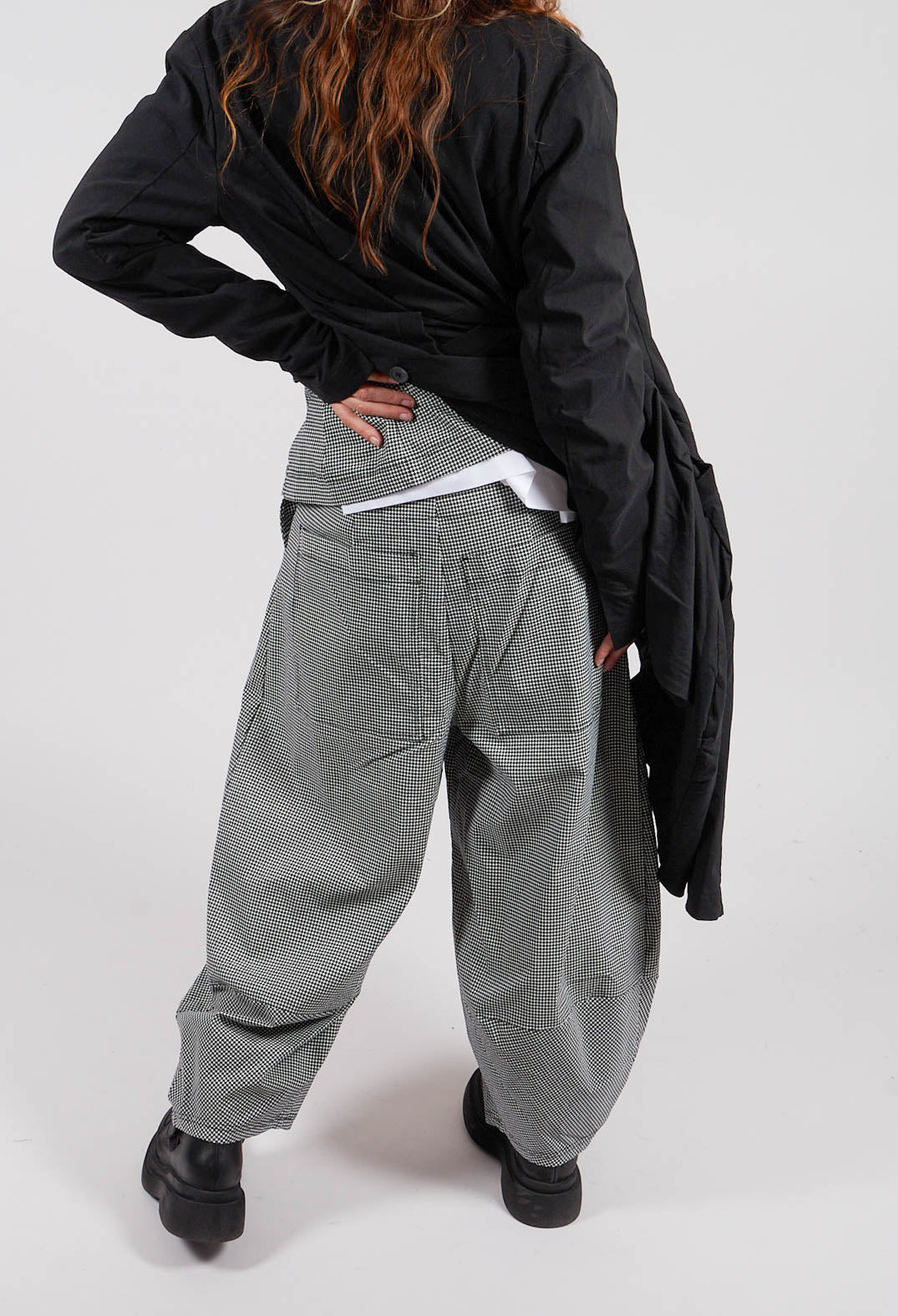 Pull On Tulip Leg Trousers in Black Off White Check - 3440136