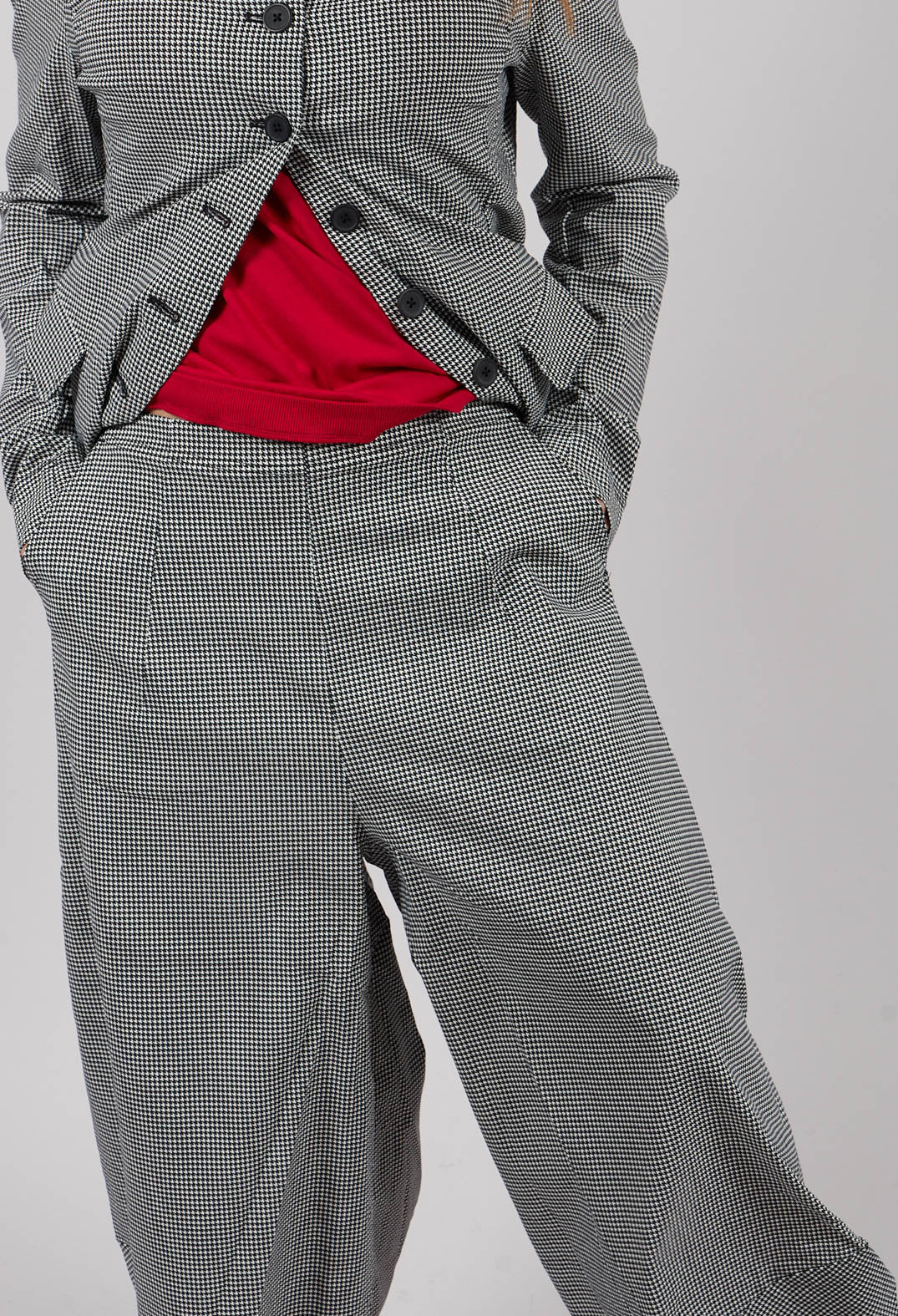 Pull On Tulip Leg Trousers in Black Off White Check - 3440136