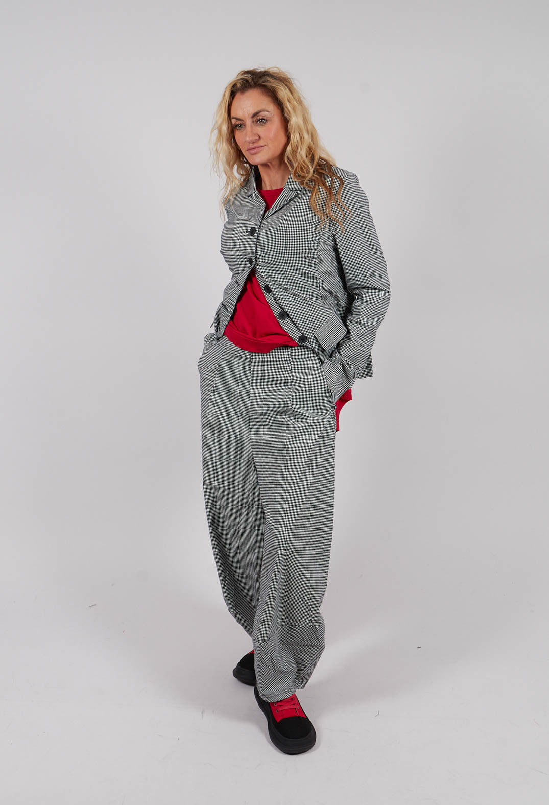 Pull On Tulip Leg Trousers in Black Off White Check - 3440136