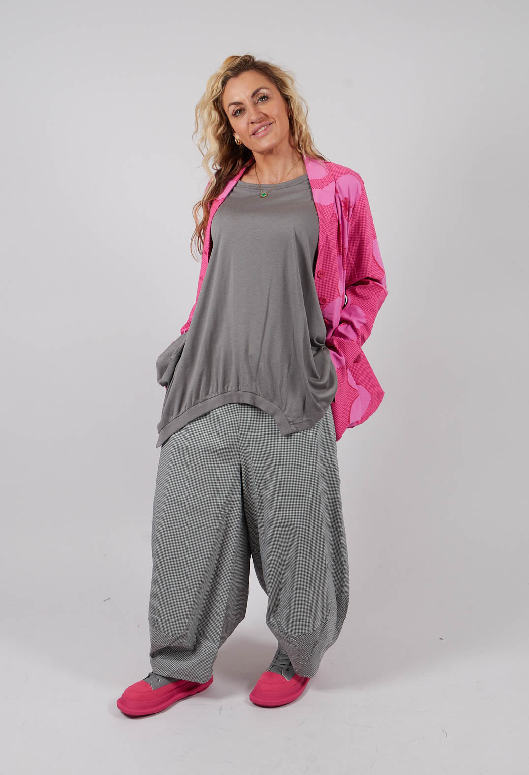 Pull On Tulip Leg Trousers in Dark Grey Check - 3440136