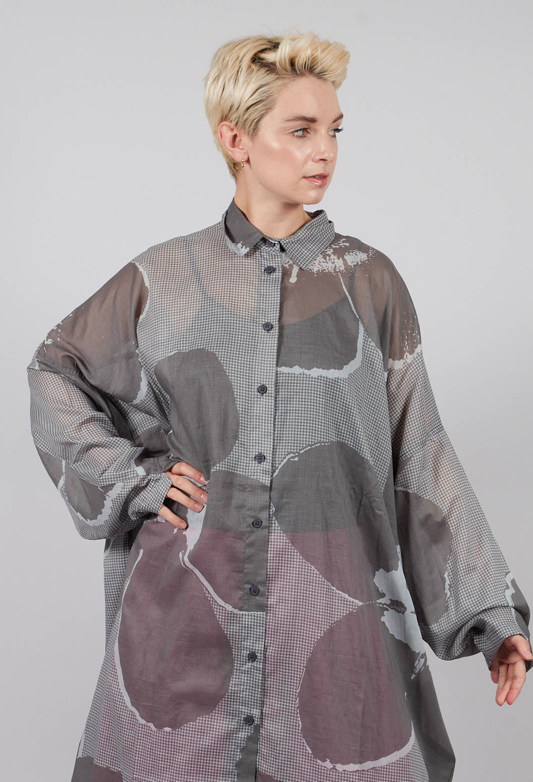 Relaxed Cotton Shirt Dress in Dark Grey Print - 3600902