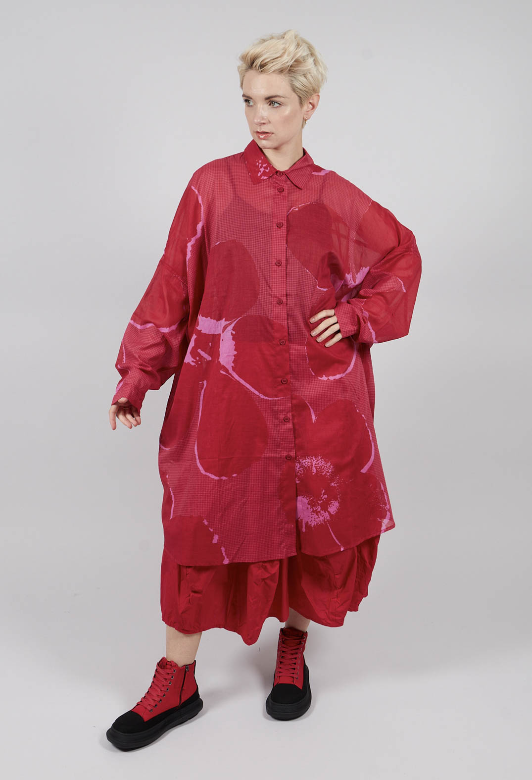 Relaxed Cotton Shirt Dress in Rose Print - 3600902