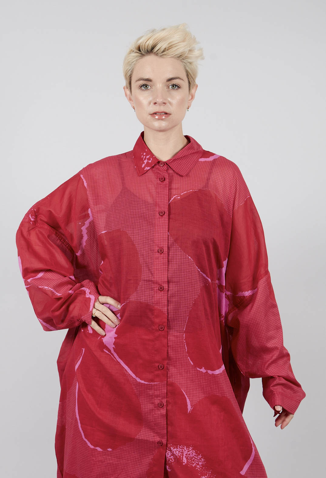 Relaxed Cotton Shirt Dress in Rose Print - 3600902
