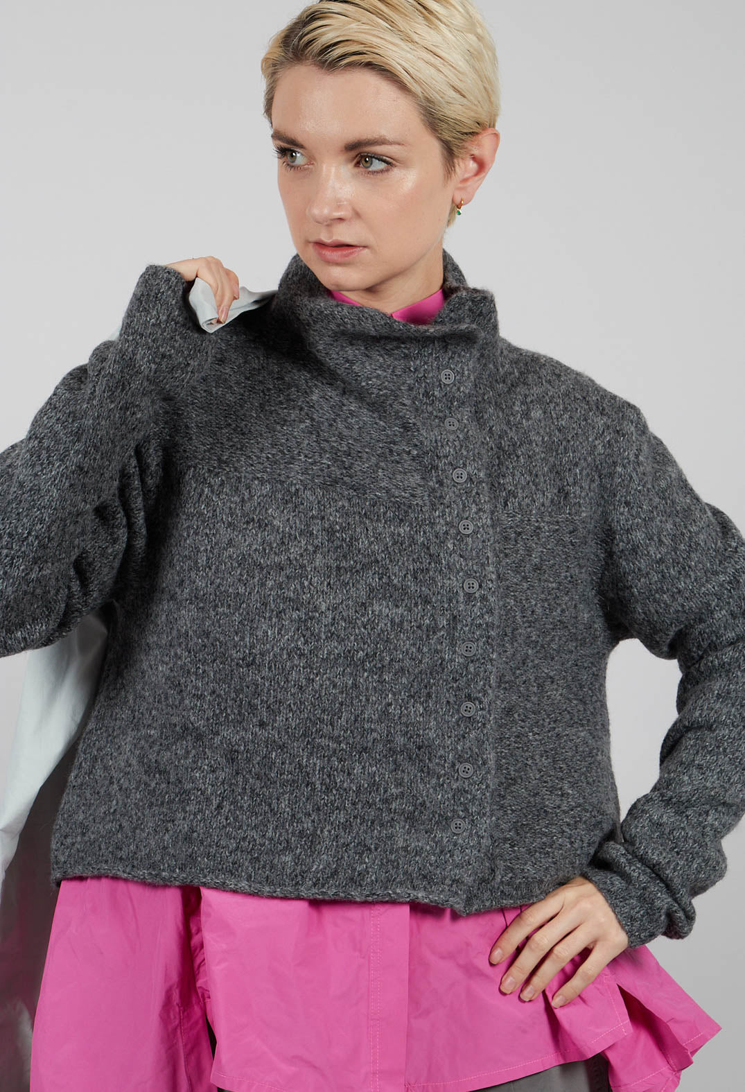 Button Through Cardigan in Dark Grey - 3617103