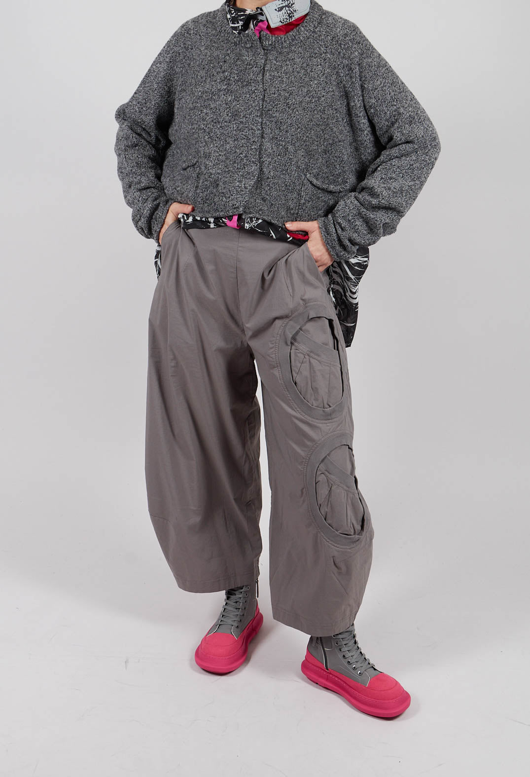 Balloon Leg Trousers with Circular Pocket Detail in Dark Grey - 3630109