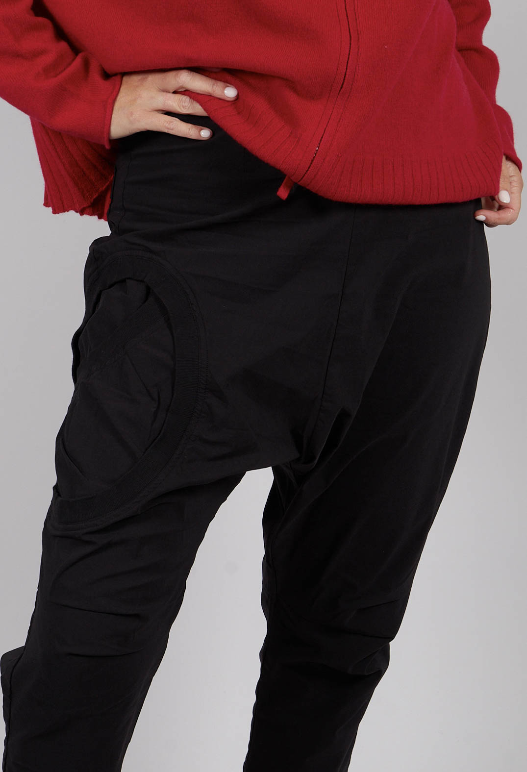 Drop Crotch Trousers with Circular Pocket Detail in Black - 3630110