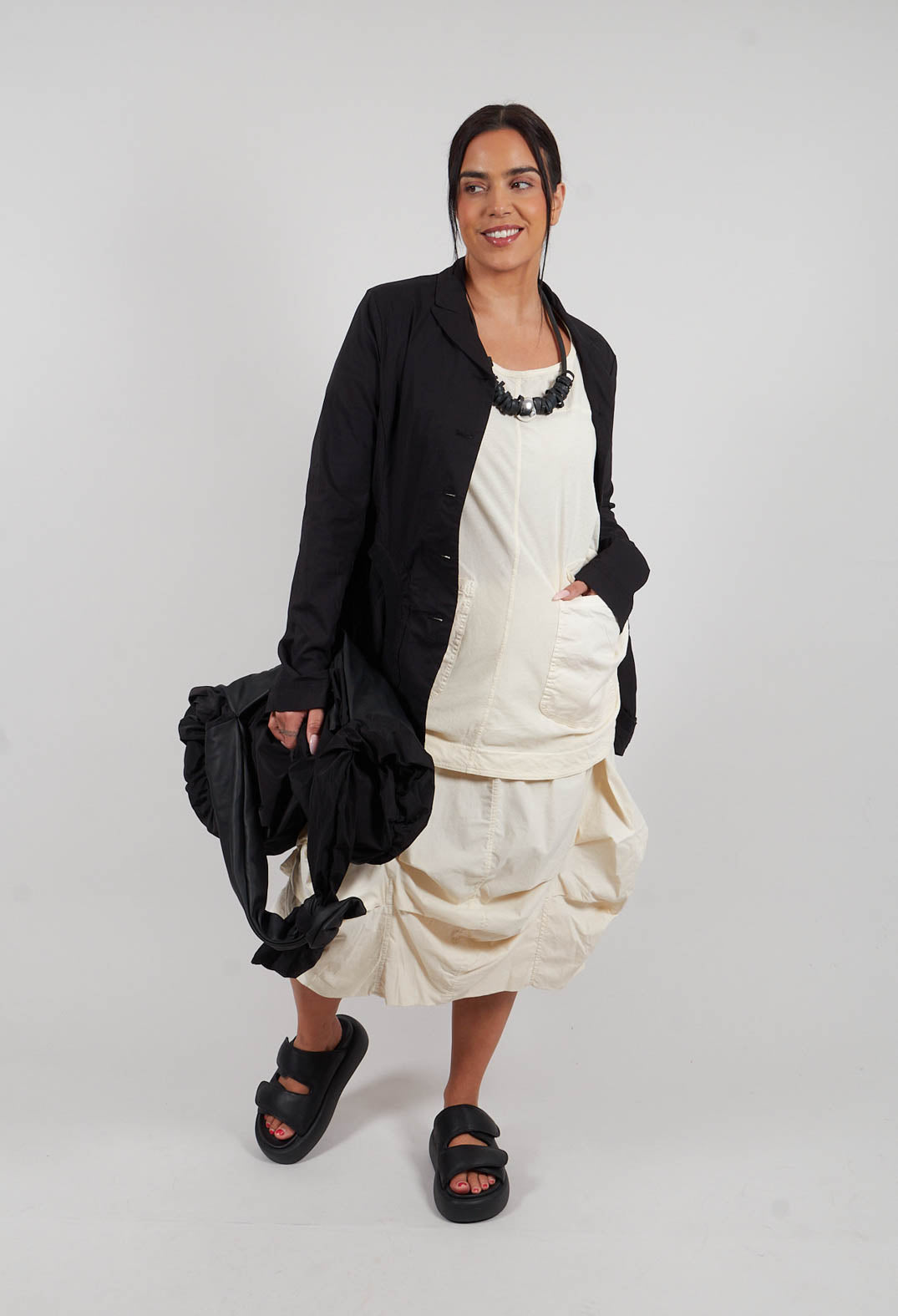 Gathered Midi Skirt with Back Button-Flap Pockets in Greige