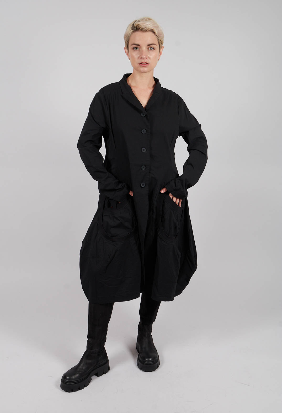 Tulip Hem Coat with Circular Pockets in Black - 3631213