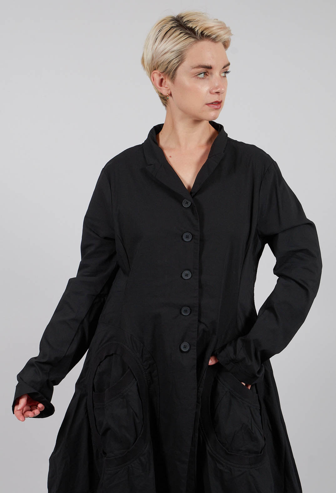 Tulip Hem Coat with Circular Pockets in Black - 3631213