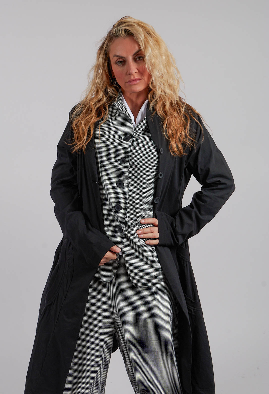 Tulip Hem Coat with Circular Pockets in Black - 3631213