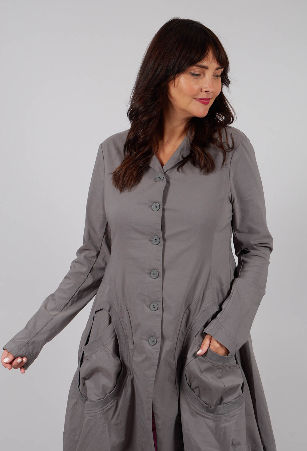 Tulip Hem Coat with Circular Pockets in Dark Grey - 3631213