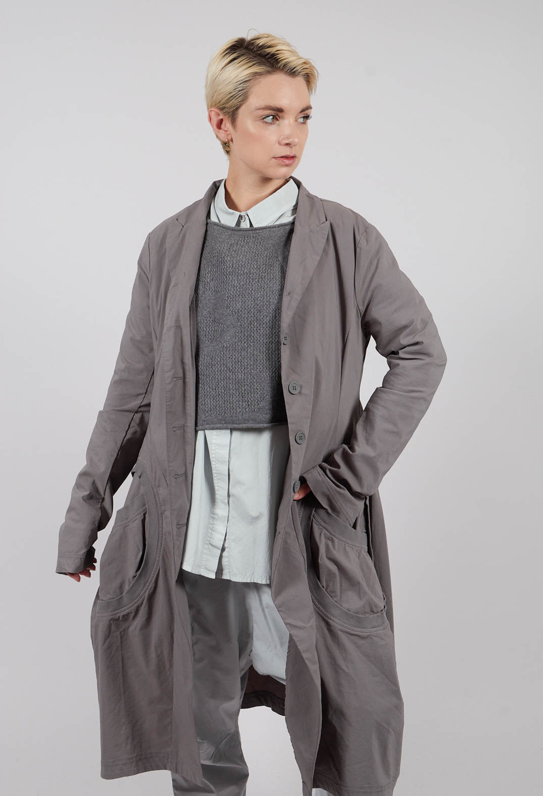 Tulip Hem Coat with Circular Pockets in Dark Grey - 3631213
