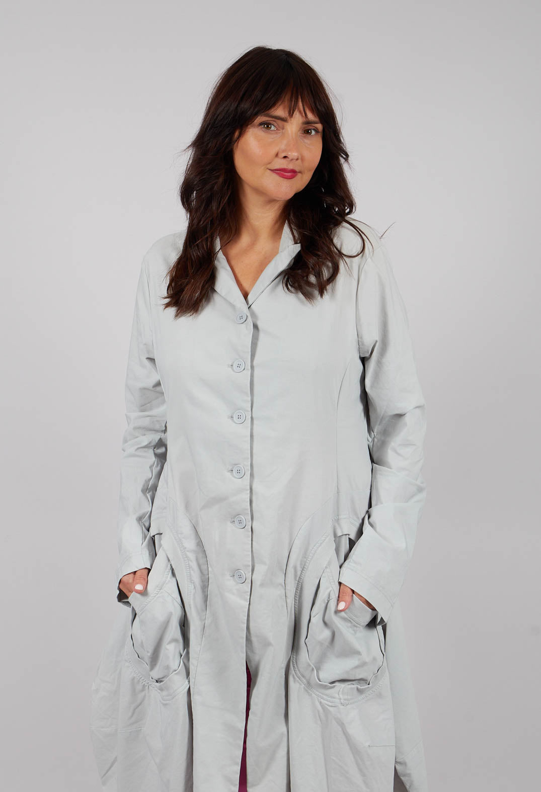 Tulip Hem Coat with Circular Pockets in Light Grey - 3631213
