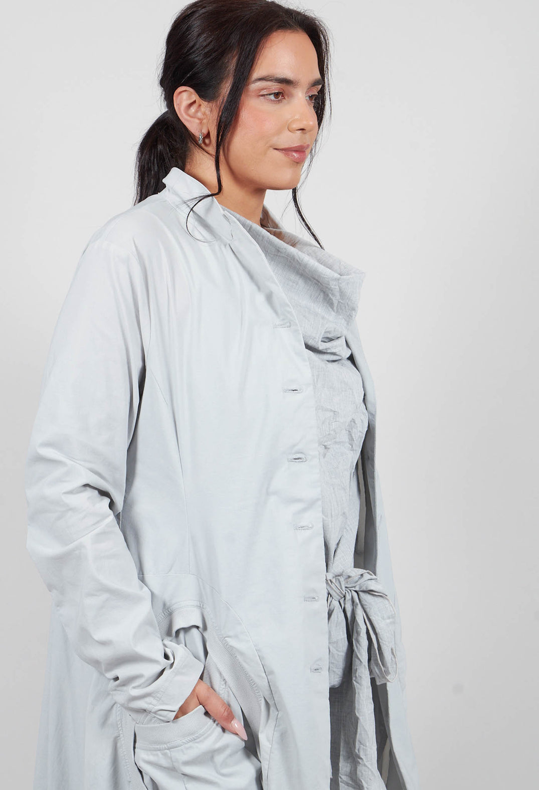Tulip Hem Coat with Circular Pockets in Light Grey - 3631213
