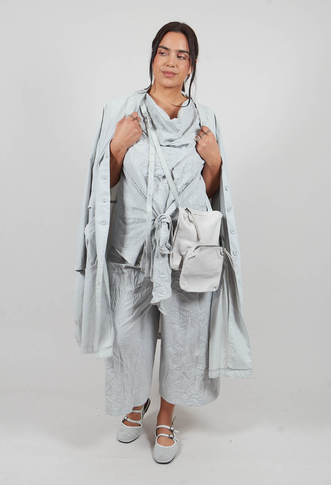Tulip Hem Coat with Circular Pockets in Light Grey - 3631213