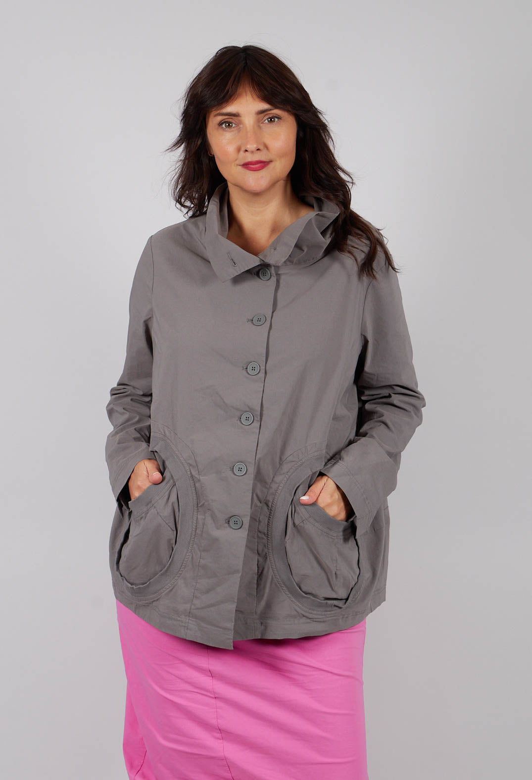 High Neck Jacket with Circular Pockets in Dark Grey - 3631114