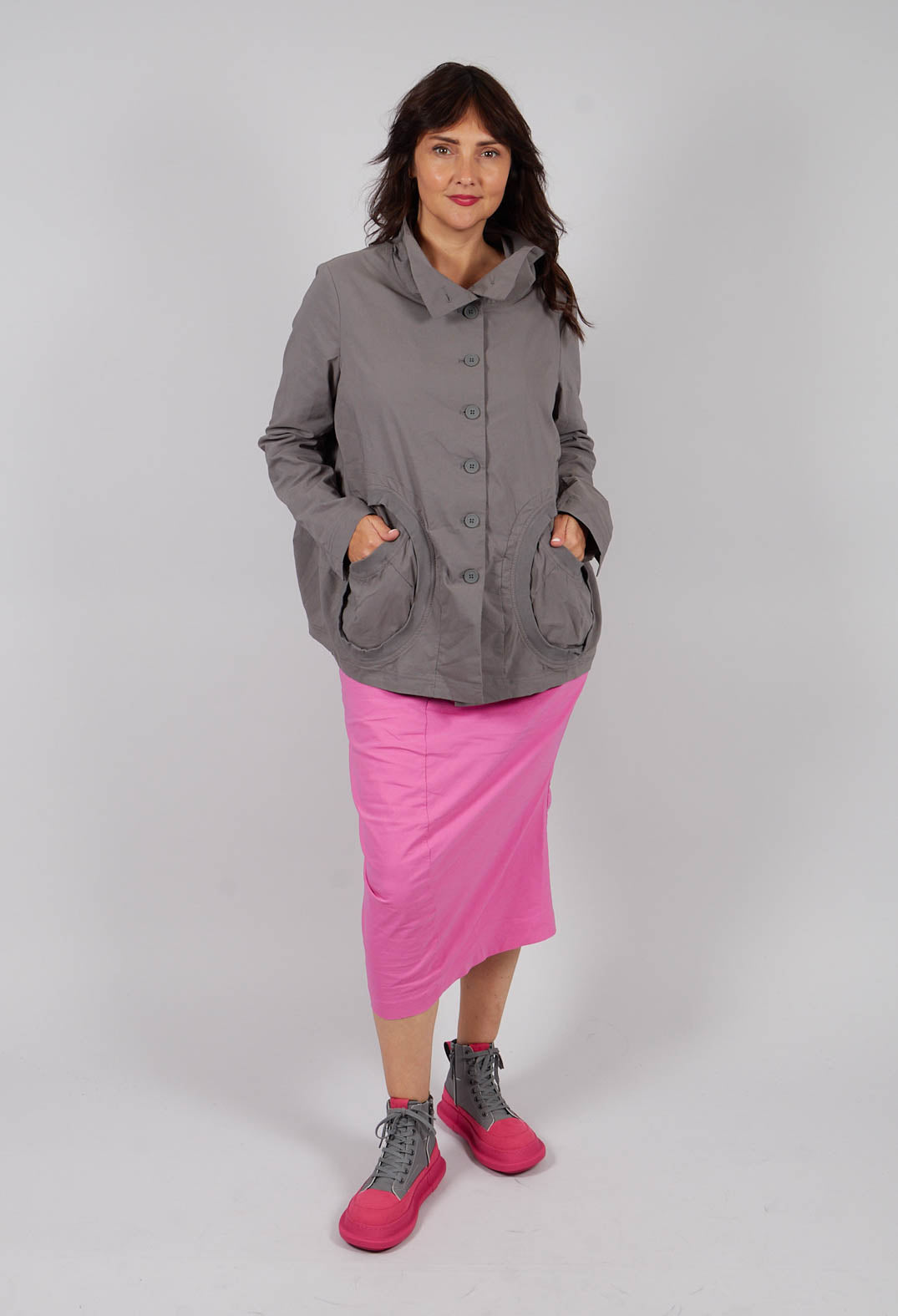 High Neck Jacket with Circular Pockets in Dark Grey - 3631114