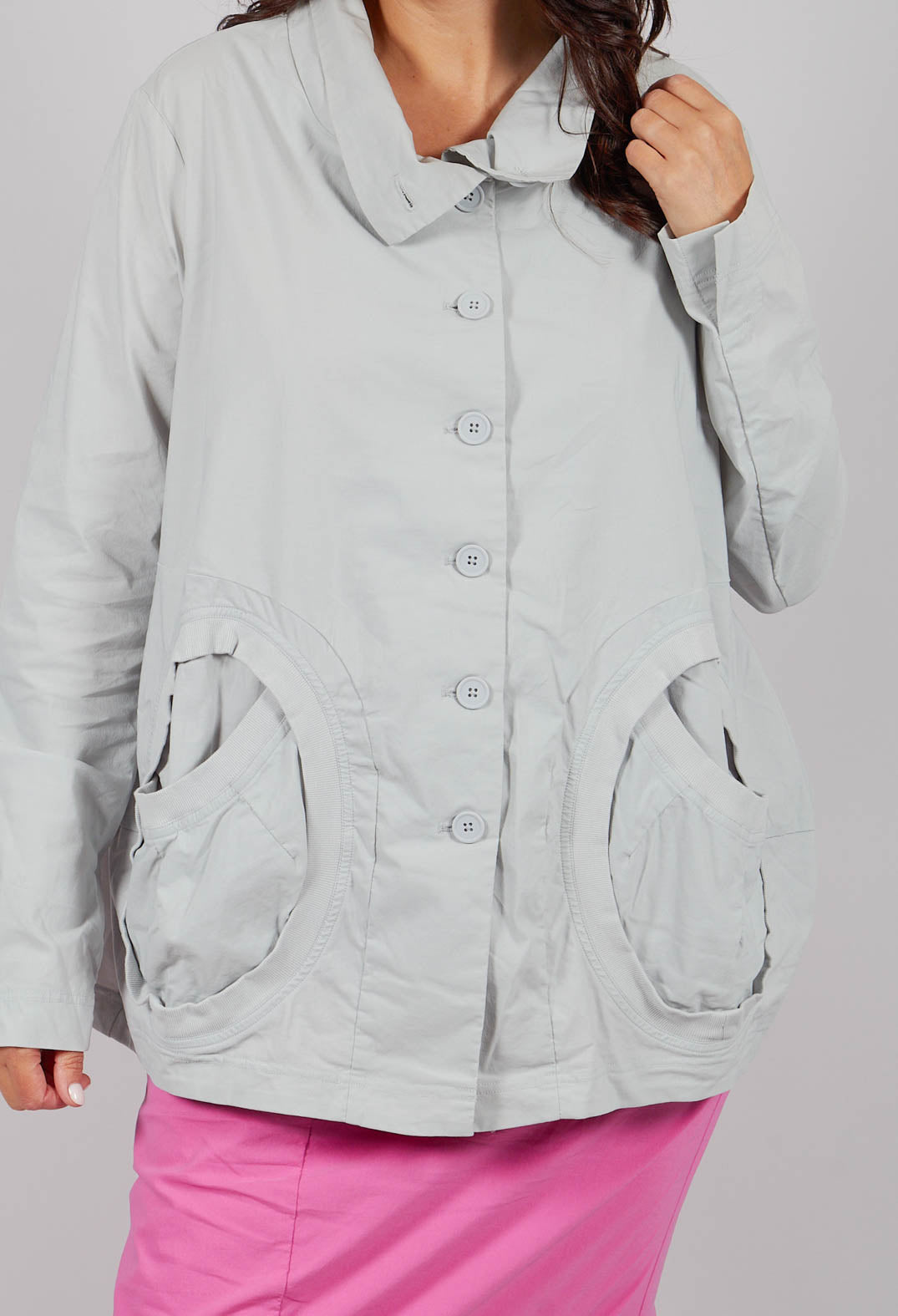 High Neck Jacket with Circular Pockets in Light Grey - 3631114