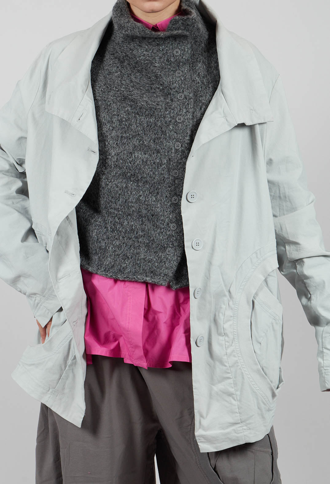 High Neck Jacket with Circular Pockets in Light Grey - 3631114