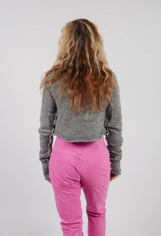 Cropped Cardigan with Fabric Embellishment in Dark Grey - 3897108