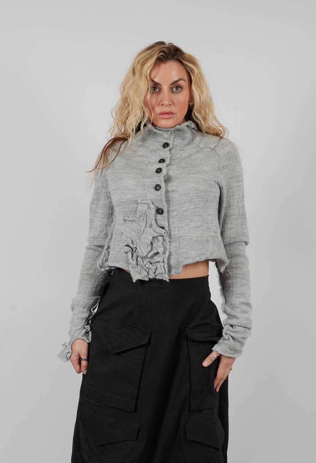 Cropped Cardigan with Fabric Embellishment in Light Grey - 3897108
