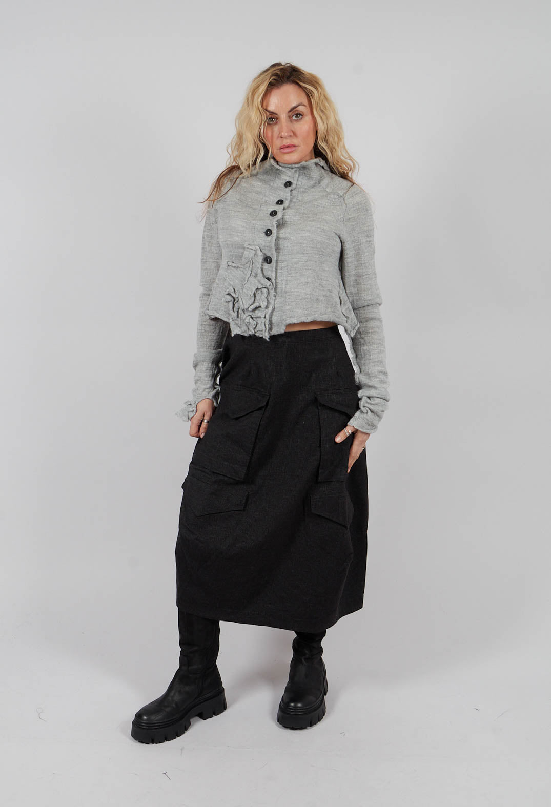 Cropped Cardigan with Fabric Embellishment in Light Grey - 3897108