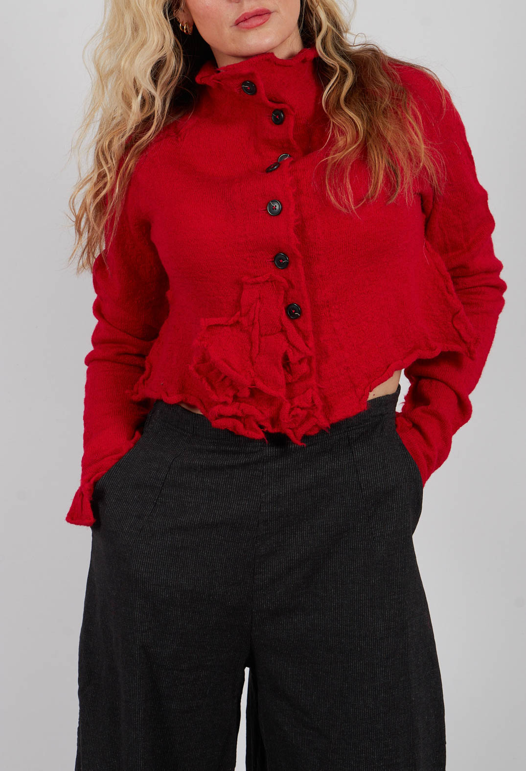 Cropped Cardigan with Fabric Embellishment in Rose - 3897108