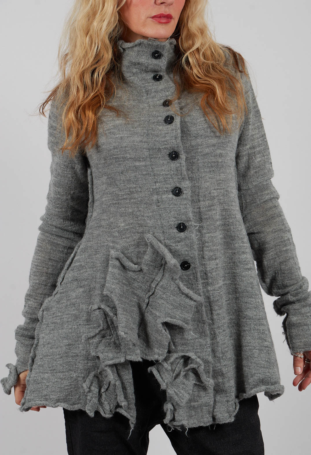 High Neck Cardigan with Fabric Embellishment in Dark Grey - 3897109