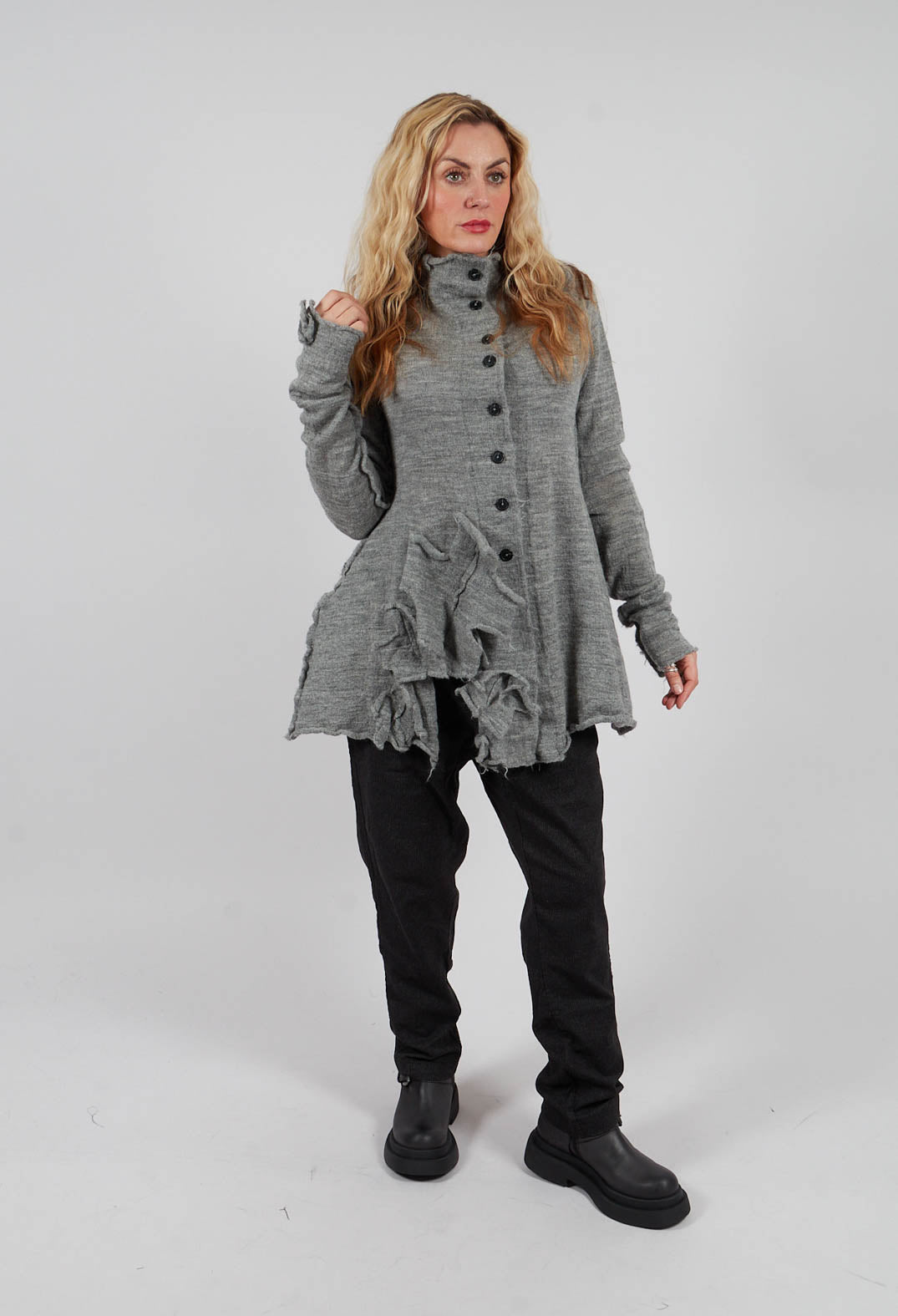 High Neck Cardigan with Fabric Embellishment in Dark Grey - 3897109