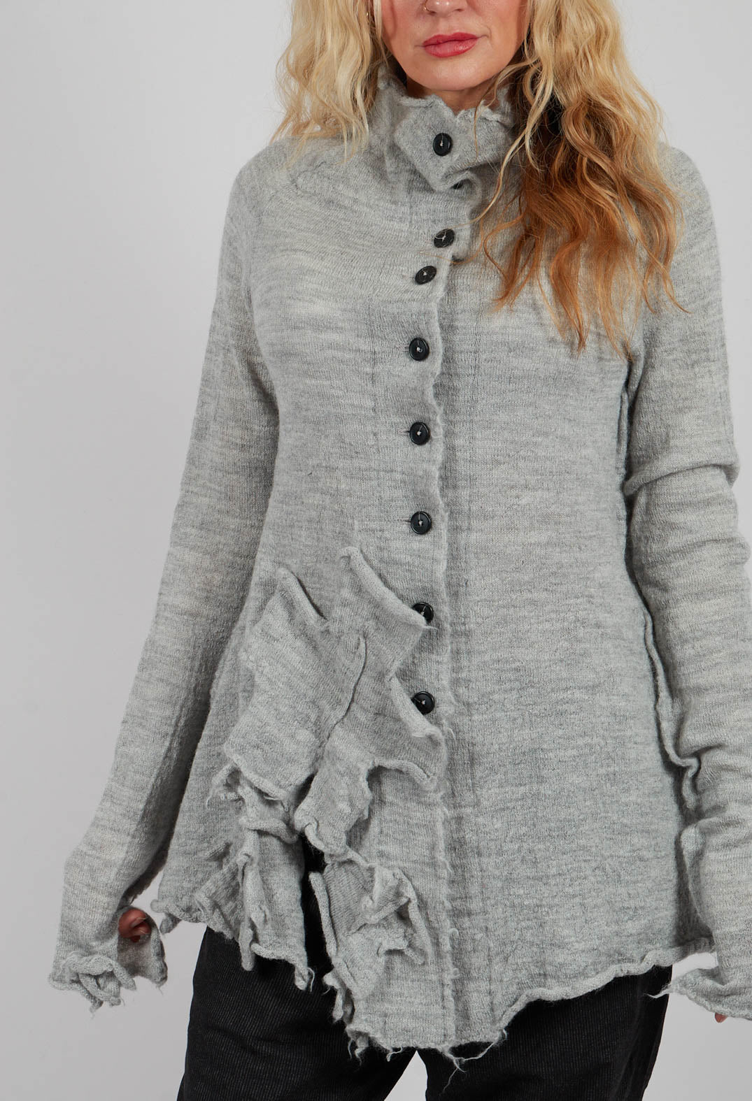 High Neck Cardigan with Fabric Embellishment in Light Grey - 3897109