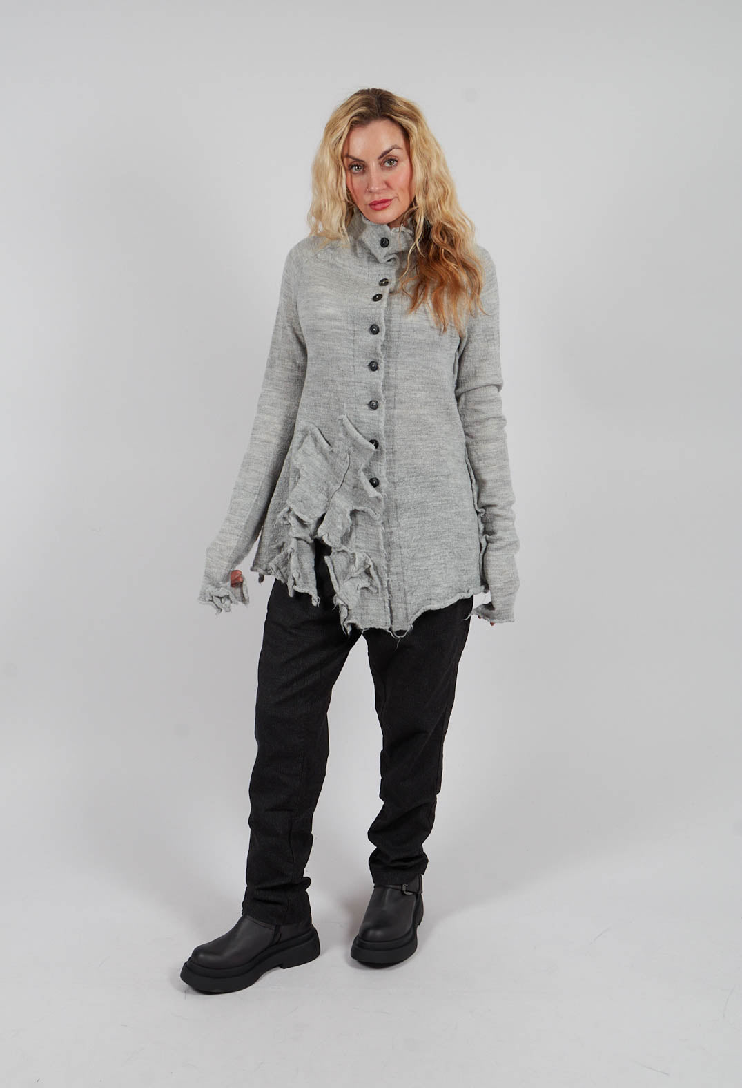 High Neck Cardigan with Fabric Embellishment in Light Grey - 3897109