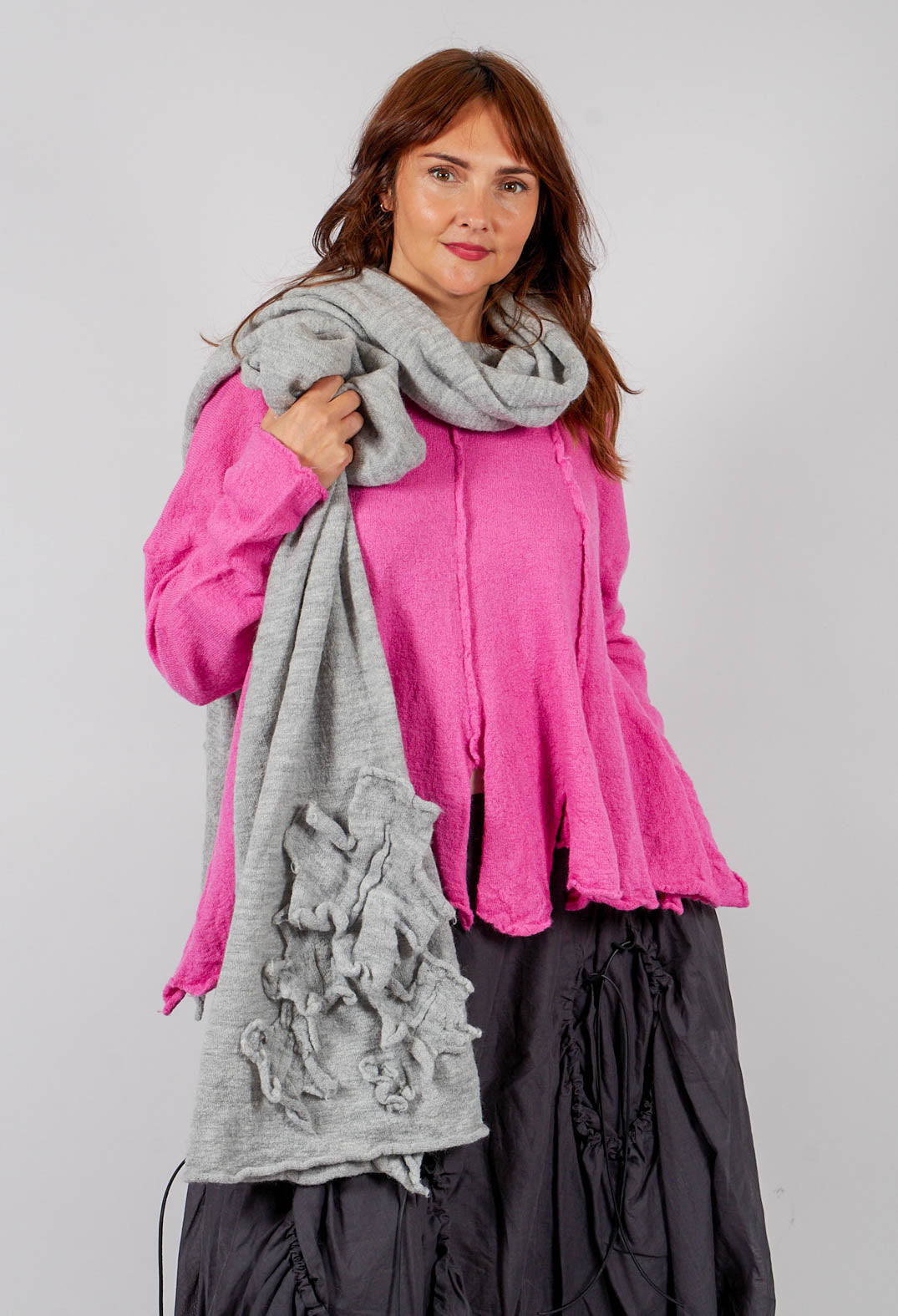 Knitted Scarf with Fabric Embellishment in Light Grey - 3897710