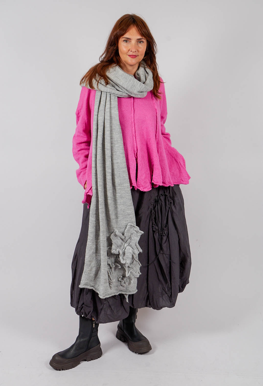 Knitted Scarf with Fabric Embellishment in Light Grey - 3897710