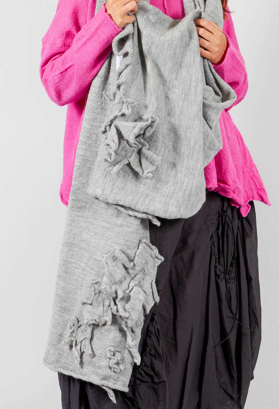 Knitted Scarf with Fabric Embellishment in Light Grey - 3897710