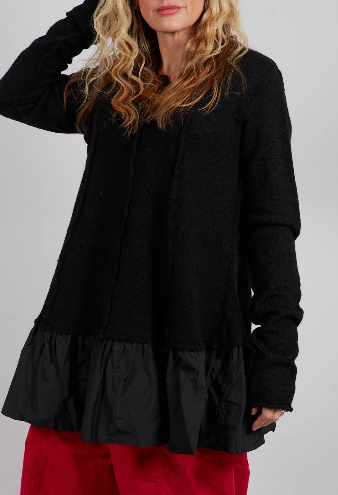 Dual Fabric Jumper with Exposed Seams in Black - 3890714