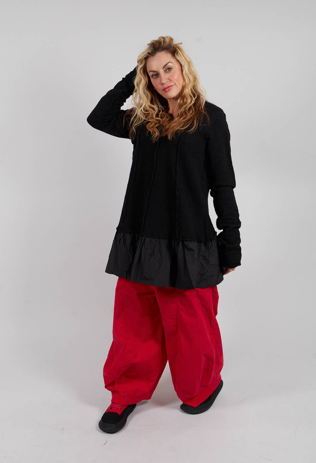 Dual Fabric Jumper with Exposed Seams in Black - 3890714