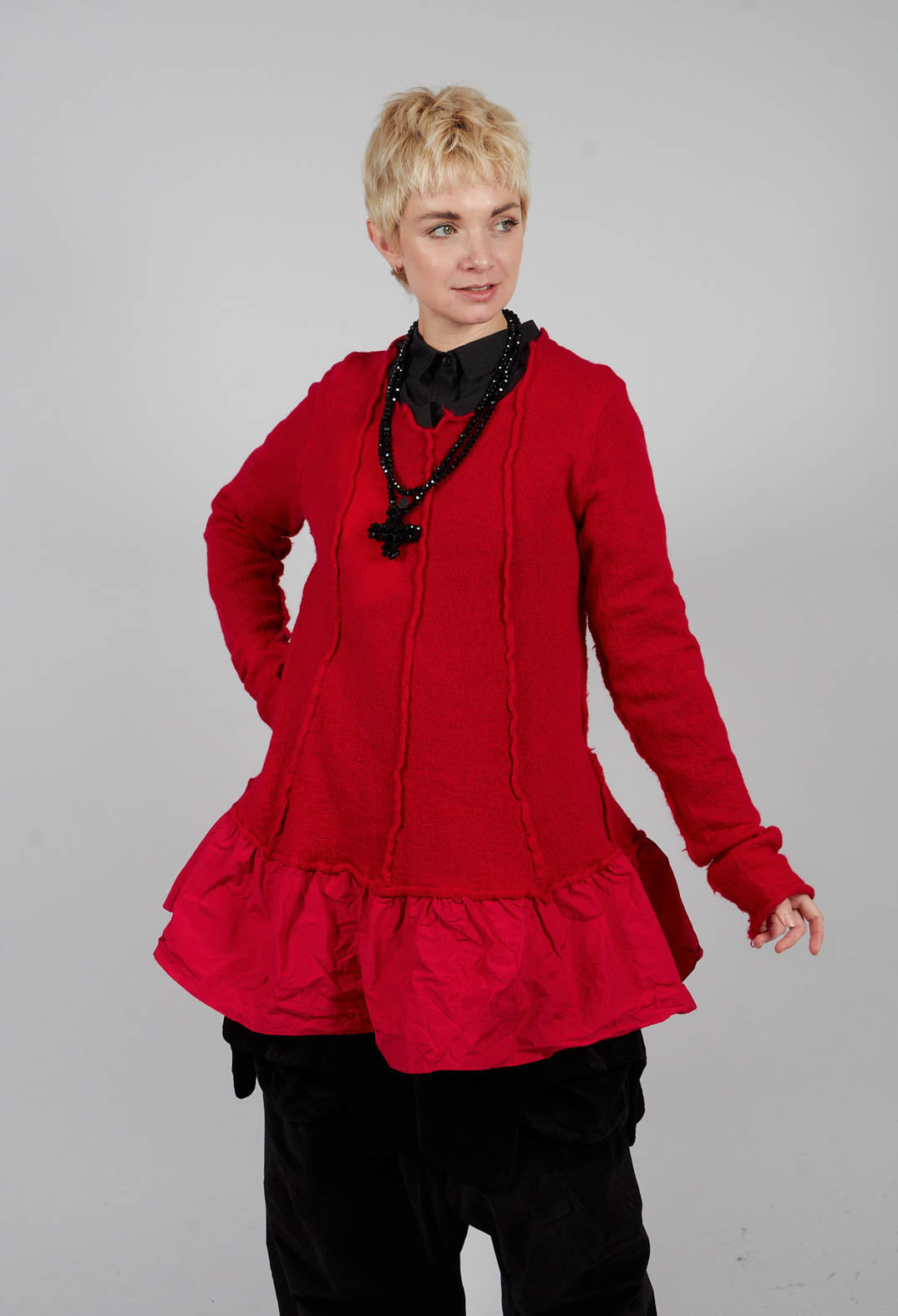 Dual Fabric Jumper with Exposed Seams in Rose - 3890714