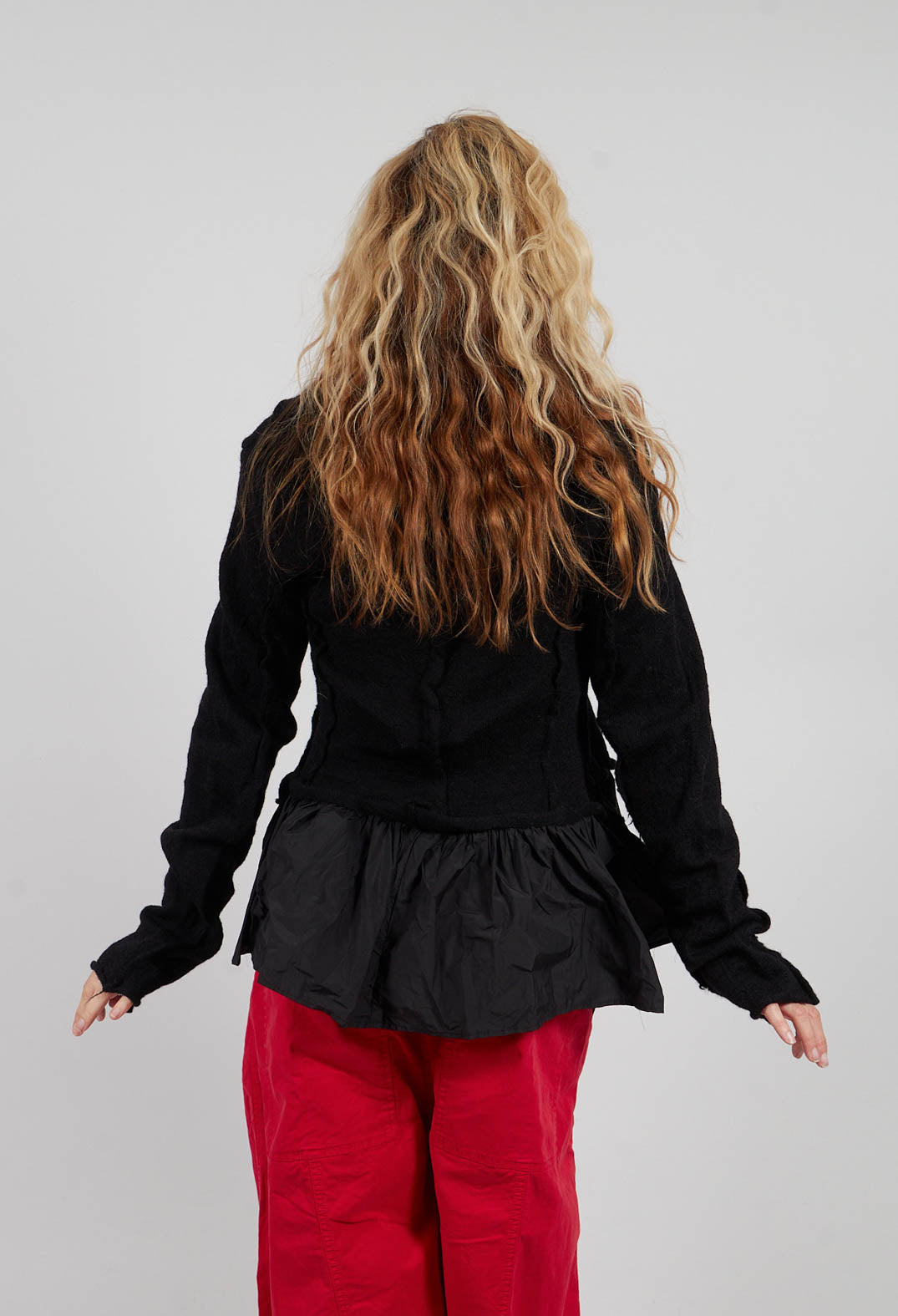 Dual Fabric Cardigan with Exposed Seams in Black - 3897115