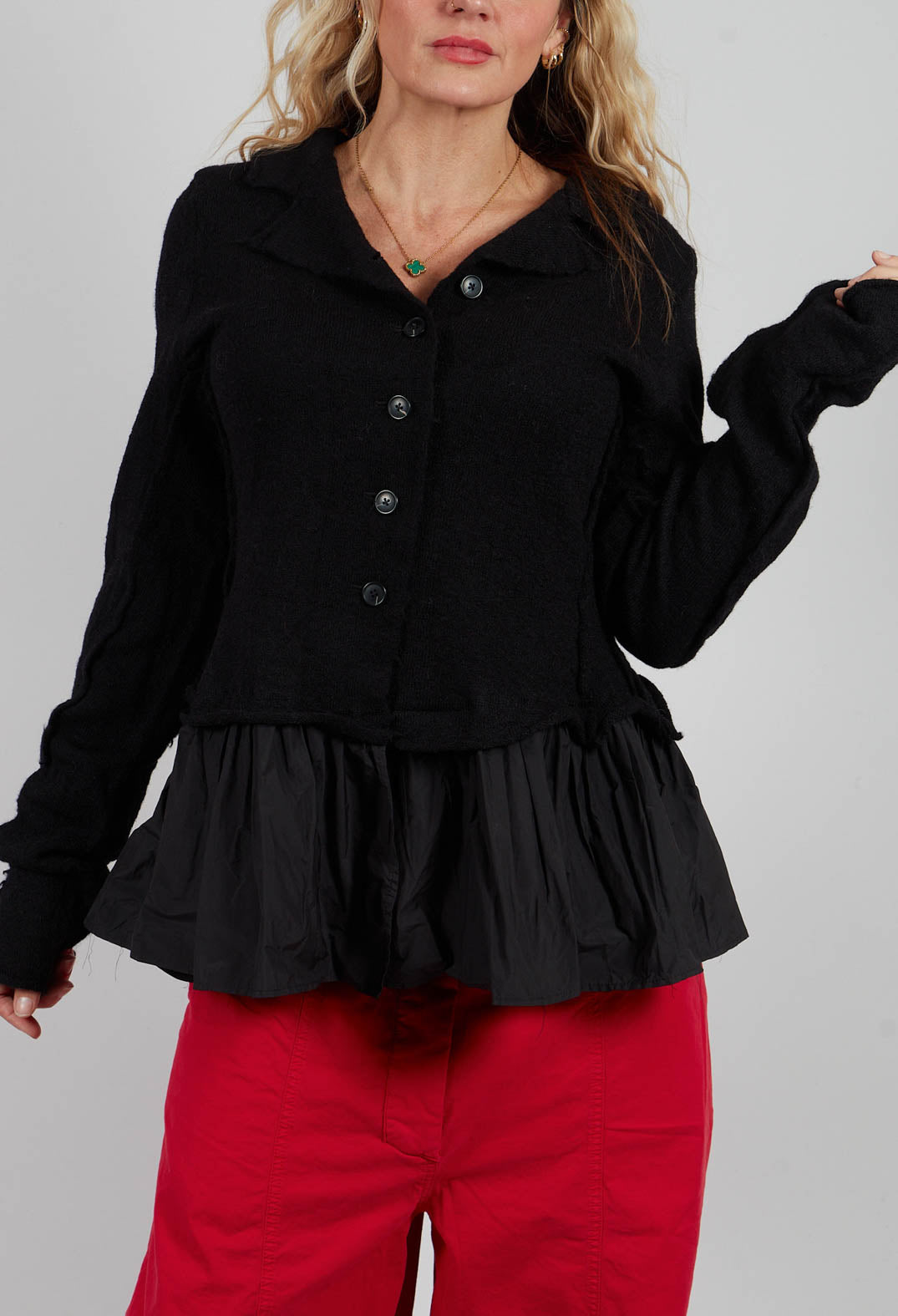 Dual Fabric Cardigan with Exposed Seams in Black - 3897115