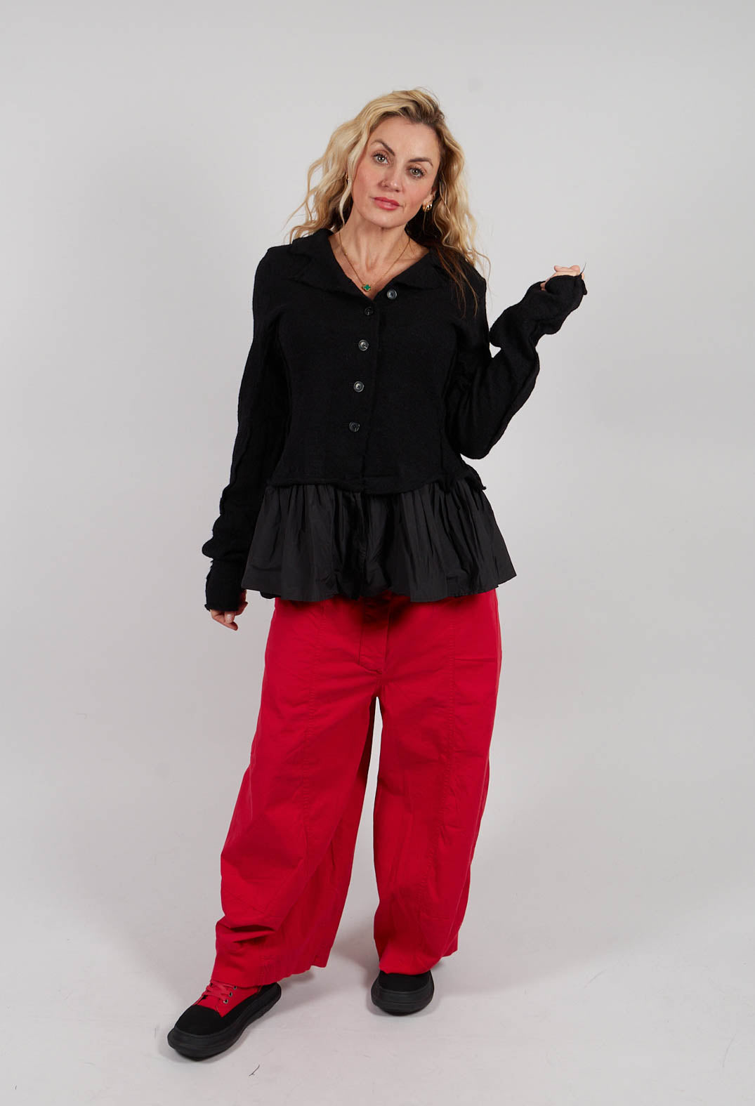 Dual Fabric Cardigan with Exposed Seams in Black - 3897115
