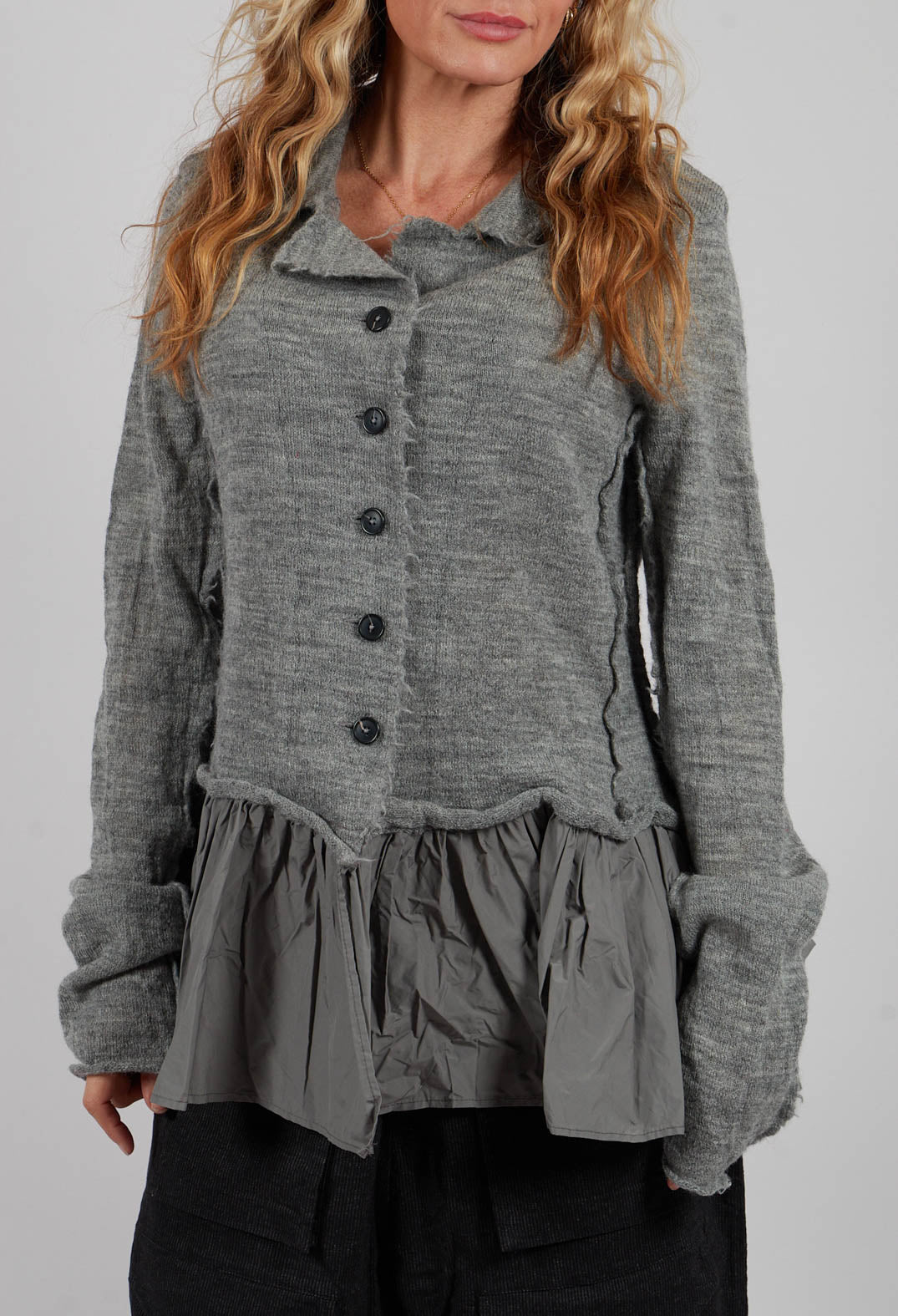 Dual Fabric Cardigan with Exposed Seams in Dark Grey - 3897115