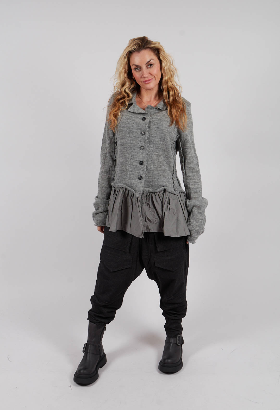 Dual Fabric Cardigan with Exposed Seams in Dark Grey - 3897115