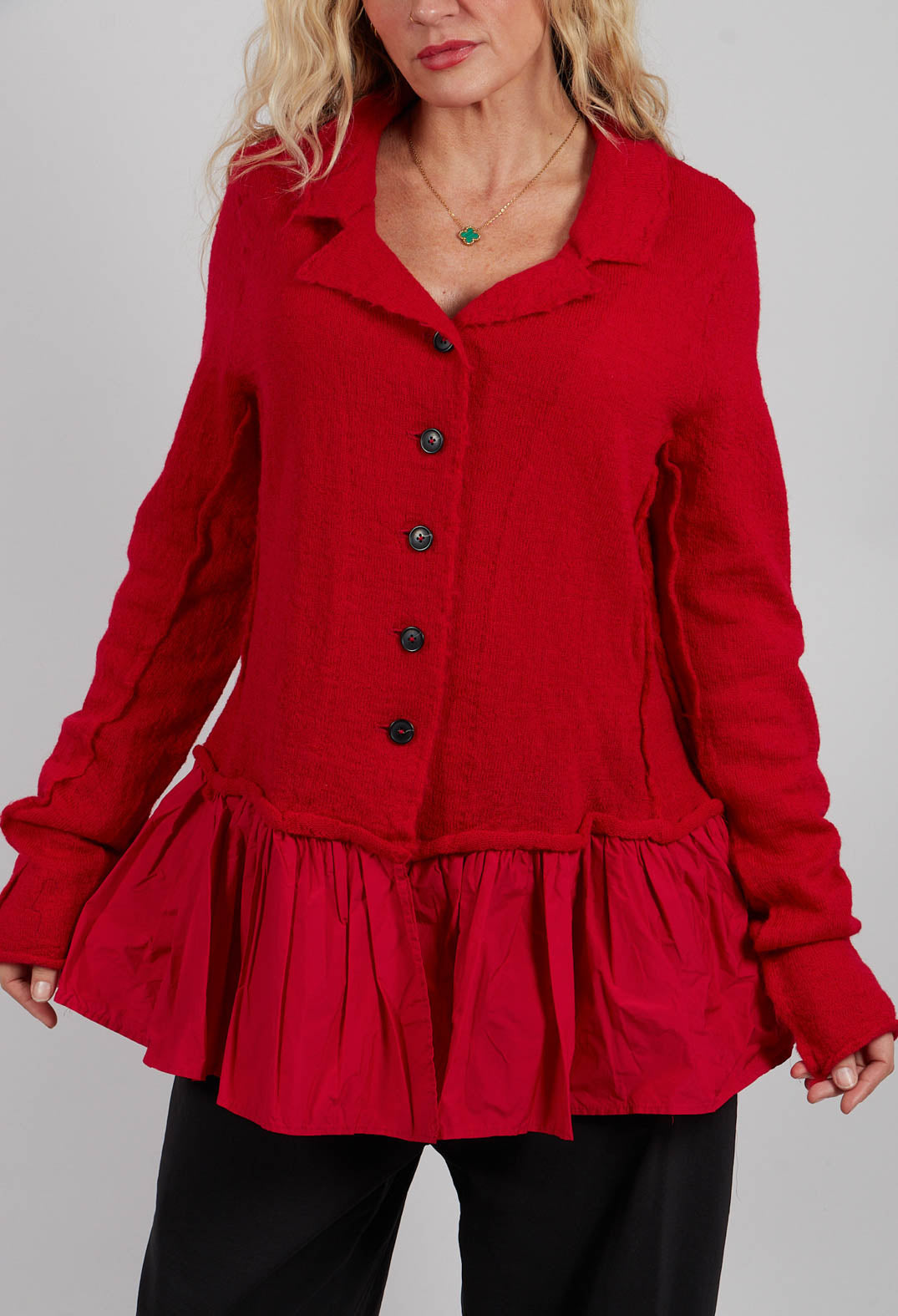Dual Fabric Cardigan with Exposed Seams in Rose - 3897115