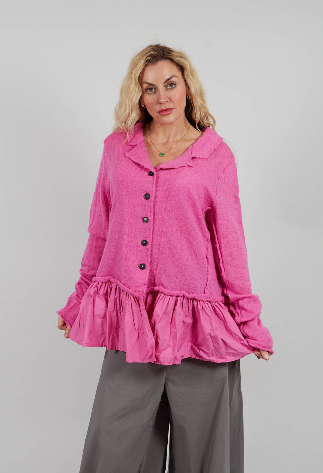 Dual Fabric Cardigan with Exposed Seams in Lily - 3897115