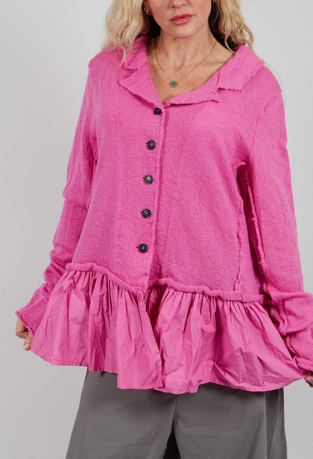 Dual Fabric Cardigan with Exposed Seams in Lily - 3897115