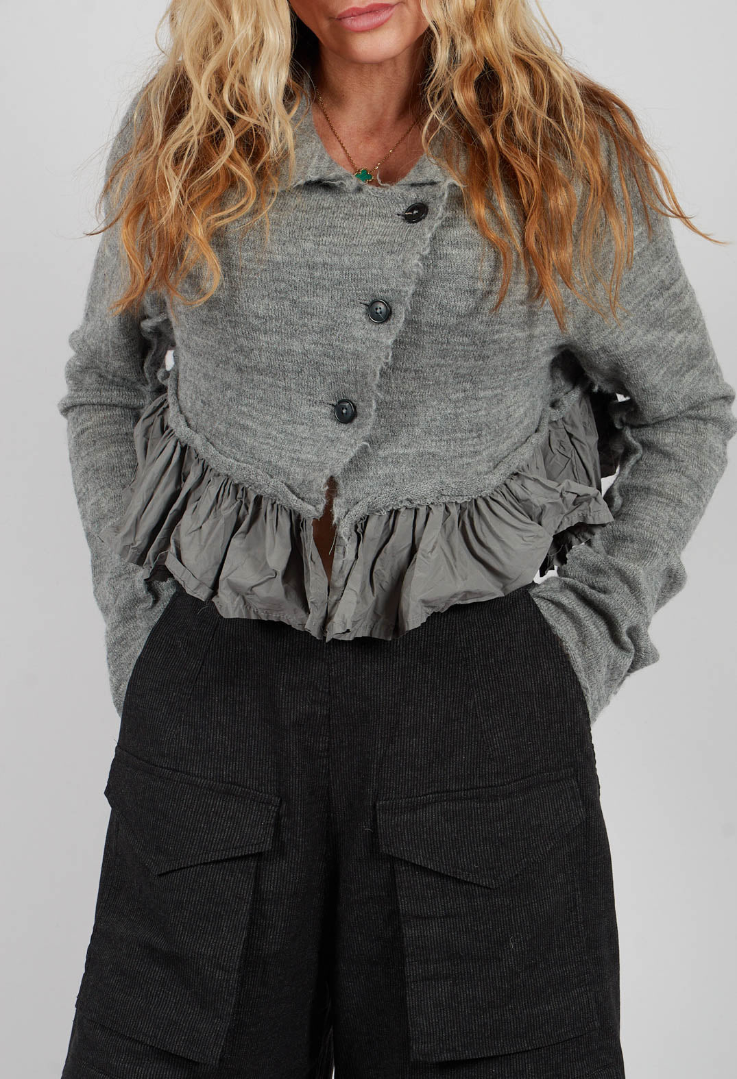 Dual Fabric Cropped Cardigan in Dark Grey - 3897116