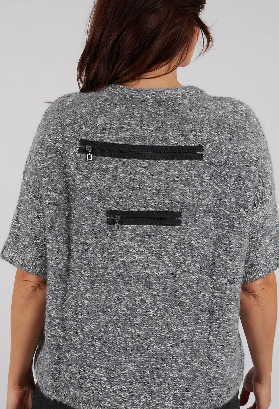 Short Sleeve Zip Detail Sweater in Medium Grey