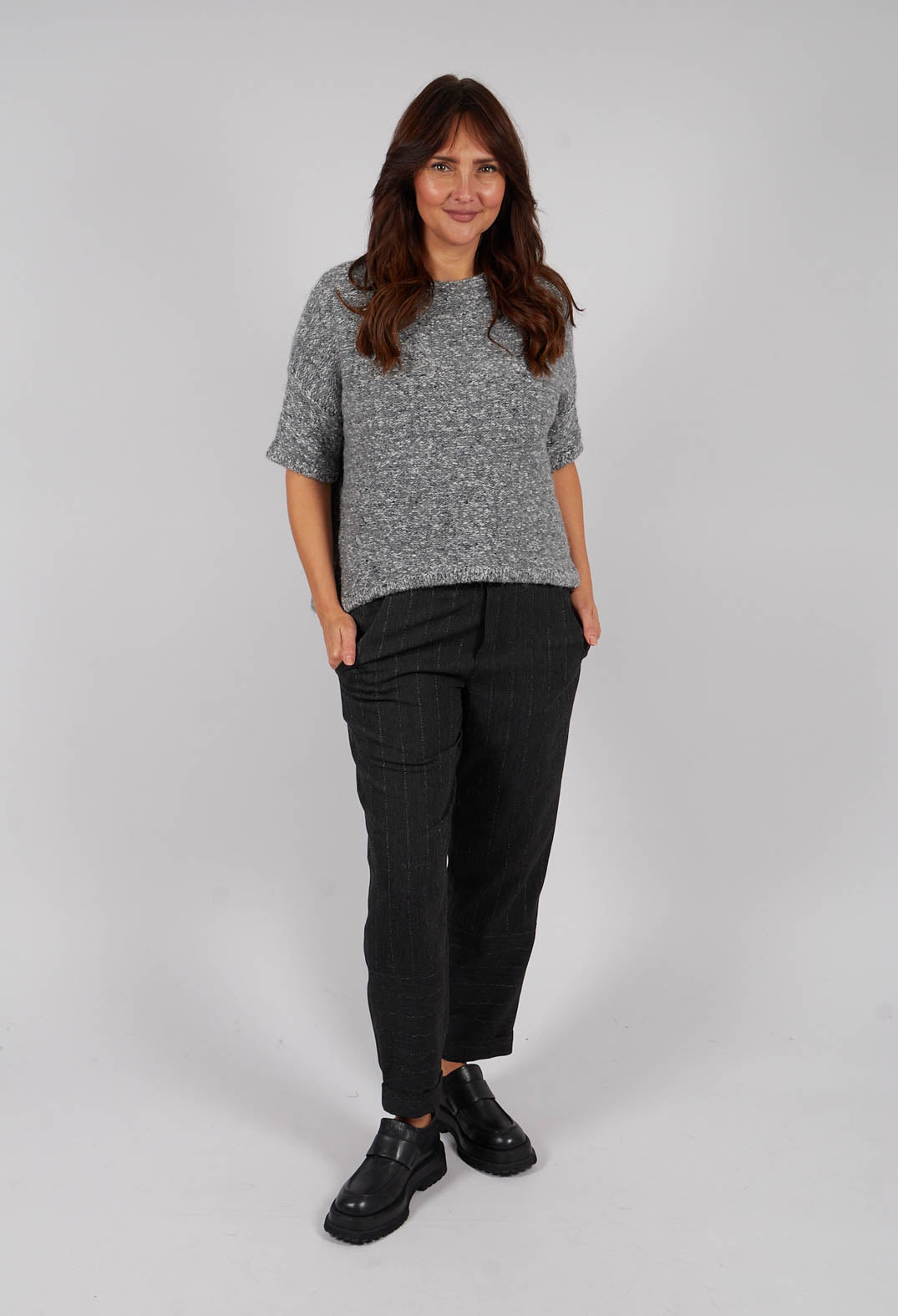Short Sleeve Zip Detail Sweater in Medium Grey